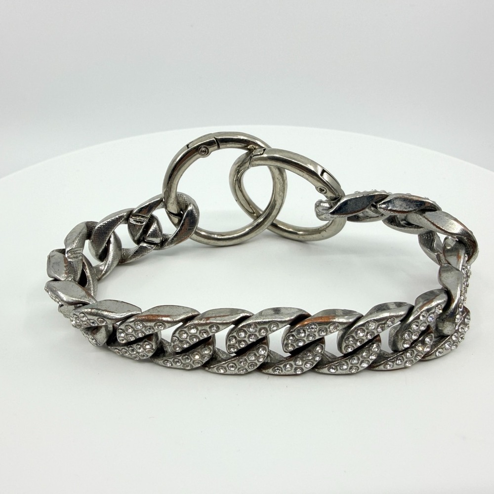 Vintage Silver Tone Chunky Curb Chain Bracelet with Rhinestone Pavé Y2K